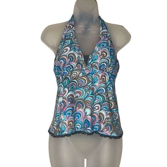 Free Country Womens Tankini Swim Top Halter Tie Multicolor Swirl Pattern Medium - Picture 1 of 16